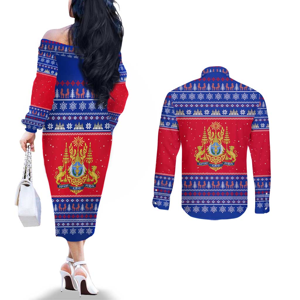 Cambodia Christmas Couples Matching Off The Shoulder Long Sleeve Dress and Long Sleeve Button Shirt with Buffalo Children Holiday Tree Snowflakes and Khmer Pattern Design - Wonder Print Shop