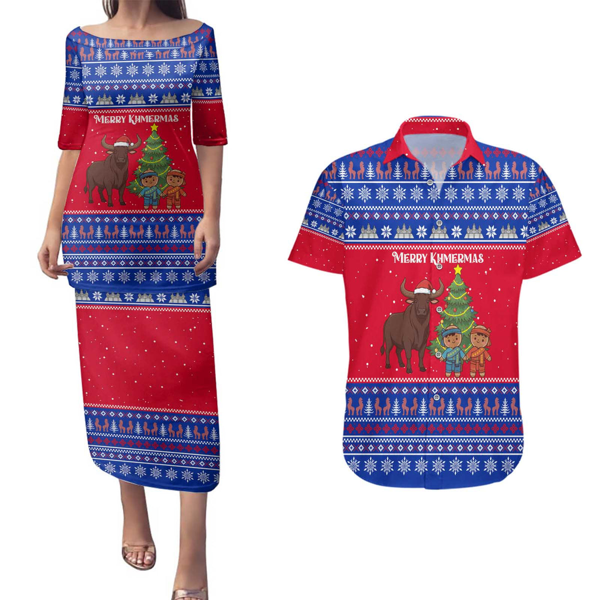 Cambodia Christmas Couples Matching Puletasi and Hawaiian Shirt with Buffalo Children Holiday Tree Snowflakes and Khmer Pattern Design - Wonder Print Shop