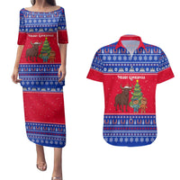 Cambodia Christmas Couples Matching Puletasi and Hawaiian Shirt with Buffalo Children Holiday Tree Snowflakes and Khmer Pattern Design - Wonder Print Shop
