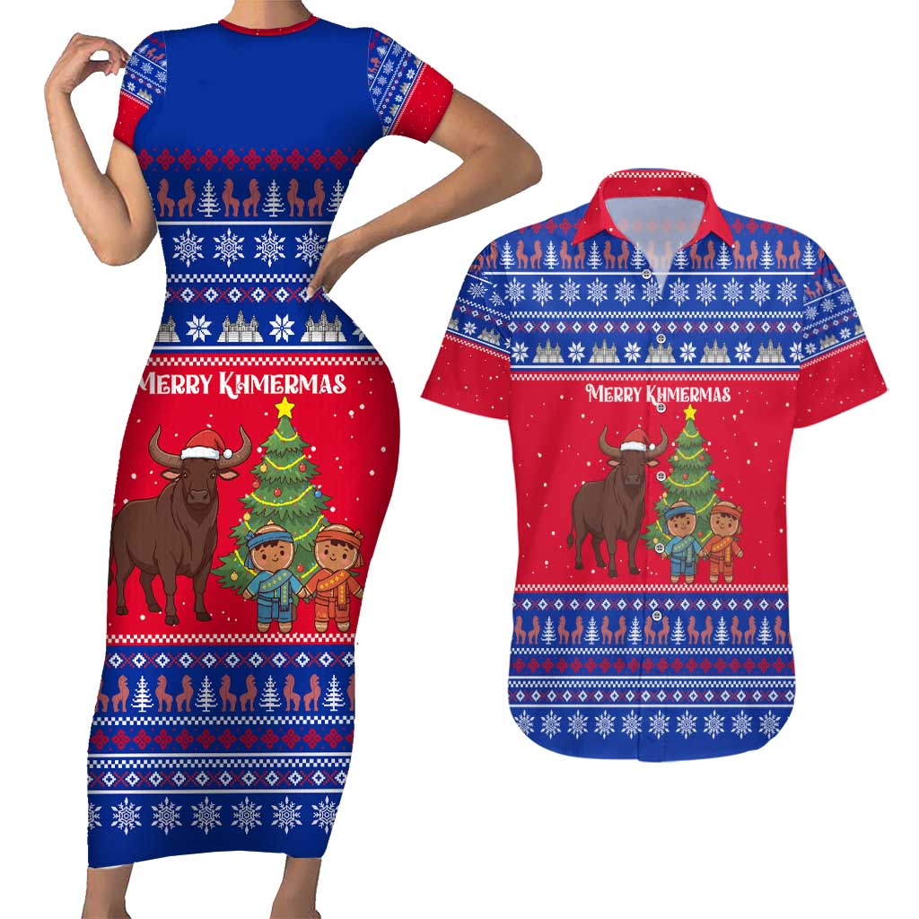 Cambodia Christmas Couples Matching Short Sleeve Bodycon Dress and Hawaiian Shirt with Buffalo Children Holiday Tree Snowflakes and Khmer Pattern Design - Wonder Print Shop