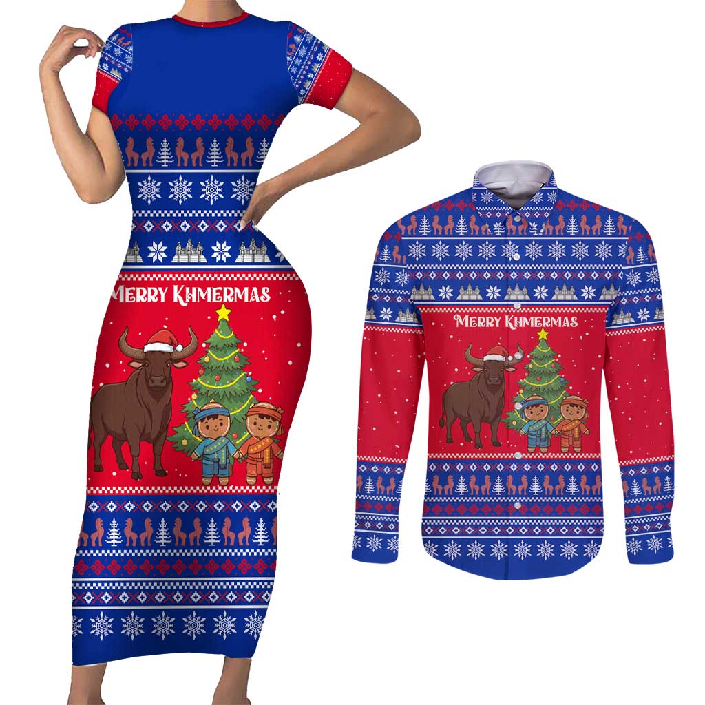 Cambodia Christmas Couples Matching Short Sleeve Bodycon Dress and Long Sleeve Button Shirt with Buffalo Children Holiday Tree Snowflakes and Khmer Pattern Design - Wonder Print Shop