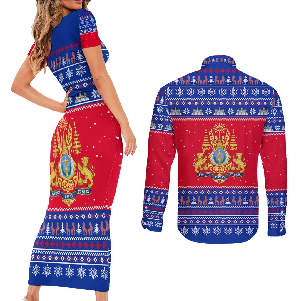 Cambodia Christmas Couples Matching Short Sleeve Bodycon Dress and Long Sleeve Button Shirt with Buffalo Children Holiday Tree Snowflakes and Khmer Pattern Design - Wonder Print Shop