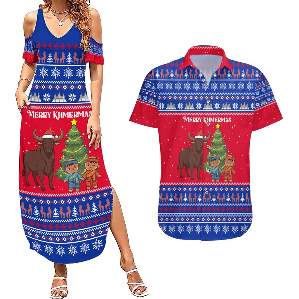 Cambodia Christmas Couples Matching Summer Maxi Dress and Hawaiian Shirt with Buffalo Children Holiday Tree Snowflakes and Khmer Pattern Design - Wonder Print Shop