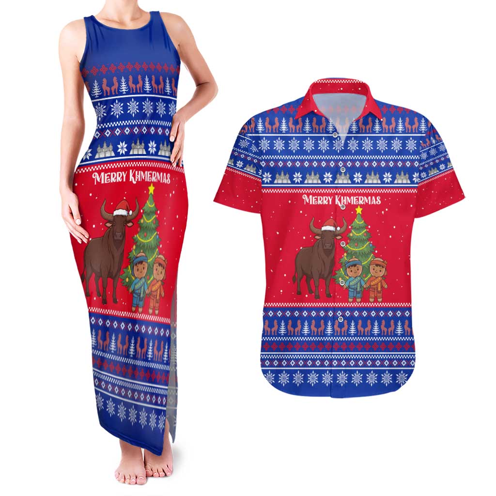Cambodia Christmas Couples Matching Tank Maxi Dress and Hawaiian Shirt with Buffalo Children Holiday Tree Snowflakes and Khmer Pattern Design - Wonder Print Shop