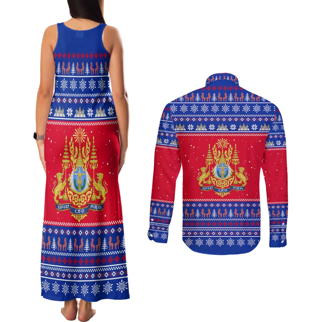 Cambodia Christmas Couples Matching Tank Maxi Dress and Long Sleeve Button Shirt with Buffalo Children Holiday Tree Snowflakes and Khmer Pattern Design - Wonder Print Shop