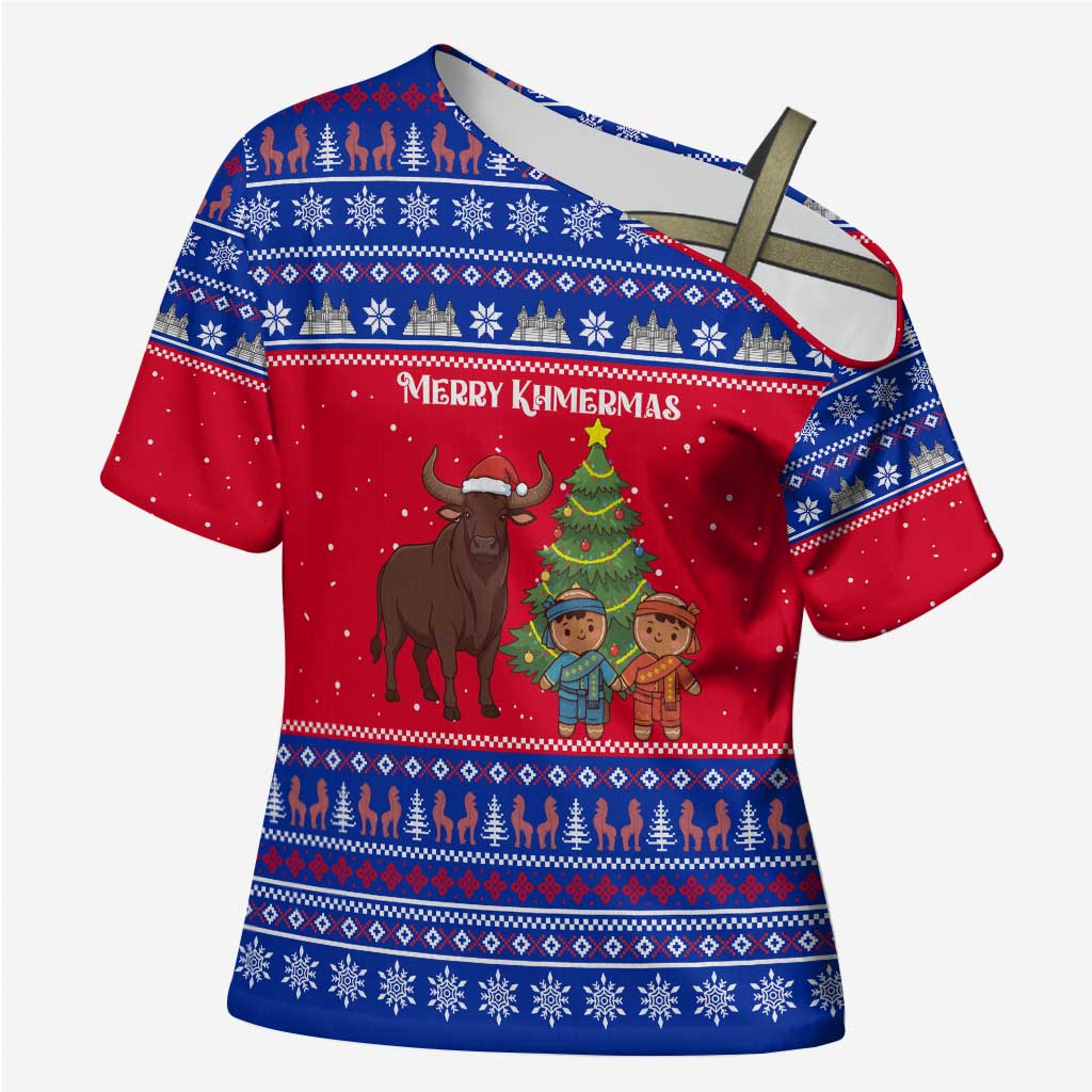 Cambodia Christmas Cross Shoulder Shirt with Buffalo Children Holiday Tree Snowflakes and Khmer Pattern Design - Wonder Print Shop