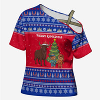 Cambodia Christmas Cross Shoulder Shirt with Buffalo Children Holiday Tree Snowflakes and Khmer Pattern Design - Wonder Print Shop