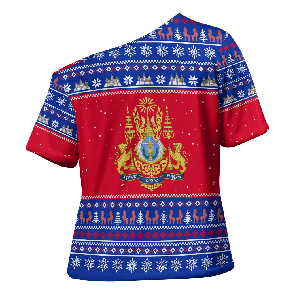 Cambodia Christmas Cross Shoulder Shirt with Buffalo Children Holiday Tree Snowflakes and Khmer Pattern Design - Wonder Print Shop