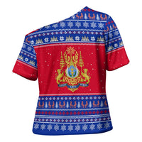 Cambodia Christmas Cross Shoulder Shirt with Buffalo Children Holiday Tree Snowflakes and Khmer Pattern Design - Wonder Print Shop
