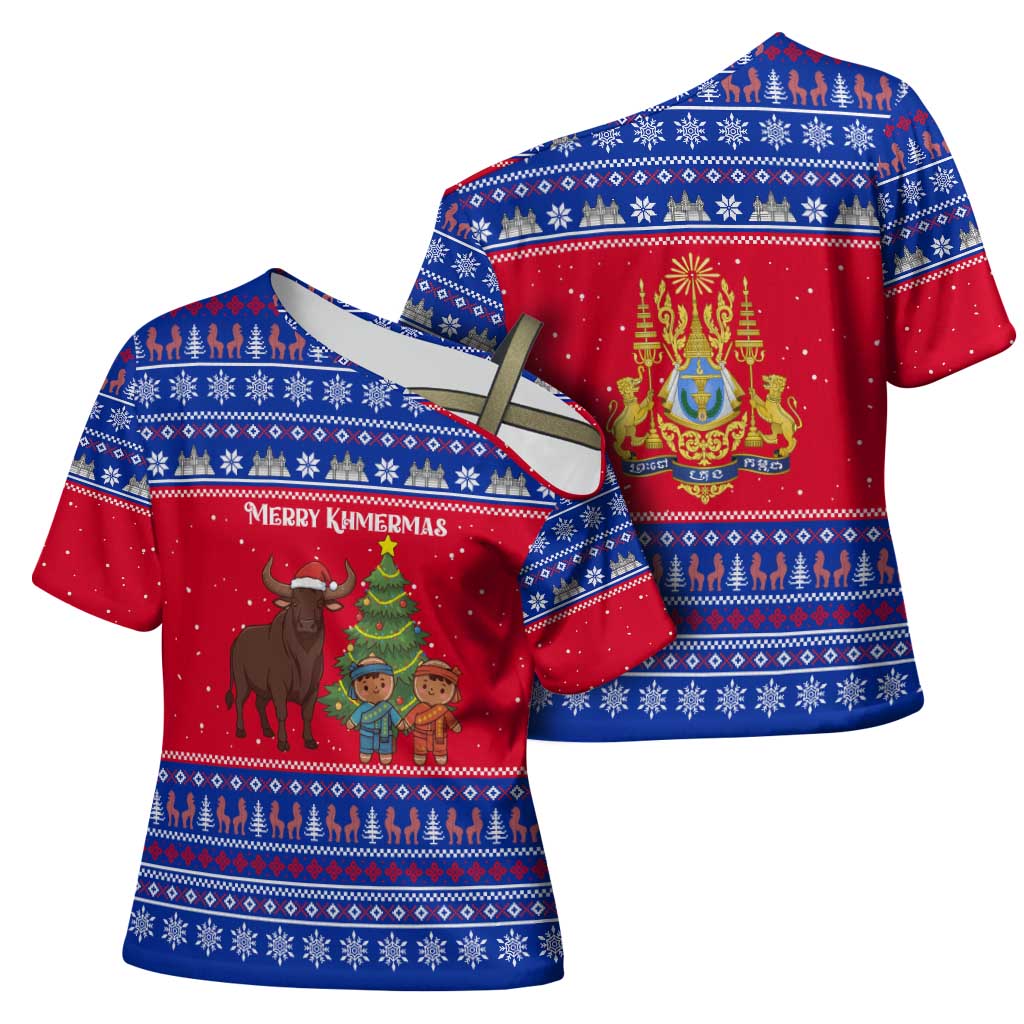 Cambodia Christmas Cross Shoulder Shirt with Buffalo Children Holiday Tree Snowflakes and Khmer Pattern Design - Wonder Print Shop