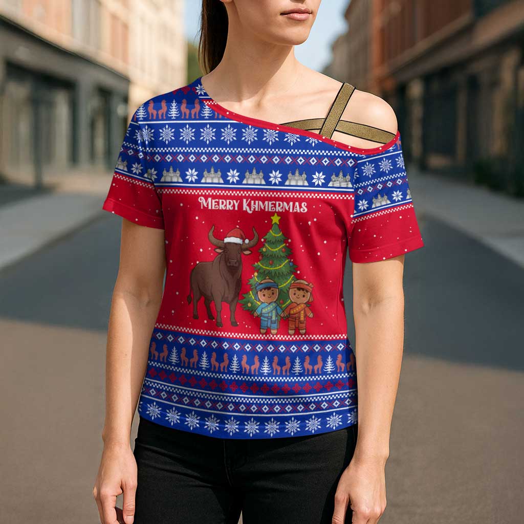 Cambodia Christmas Cross Shoulder Shirt with Buffalo Children Holiday Tree Snowflakes and Khmer Pattern Design - Wonder Print Shop