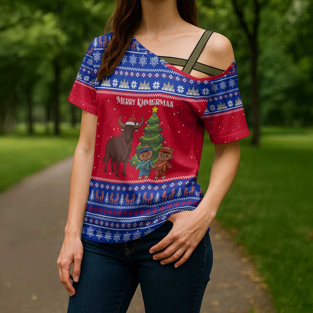 Cambodia Christmas Cross Shoulder Shirt with Buffalo Children Holiday Tree Snowflakes and Khmer Pattern Design - Wonder Print Shop