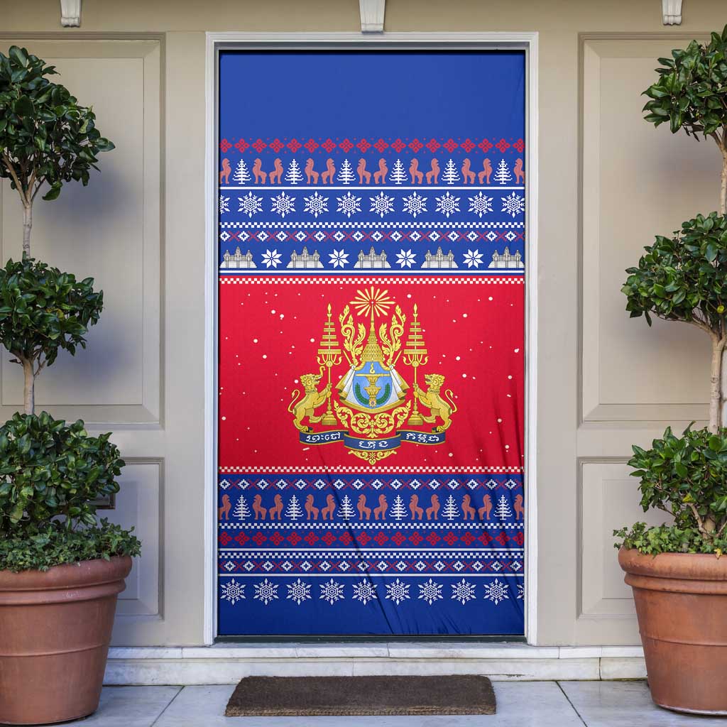 Cambodia Christmas Door Cover with Buffalo Children Holiday Tree Snowflakes and Khmer Pattern Design - Wonder Print Shop