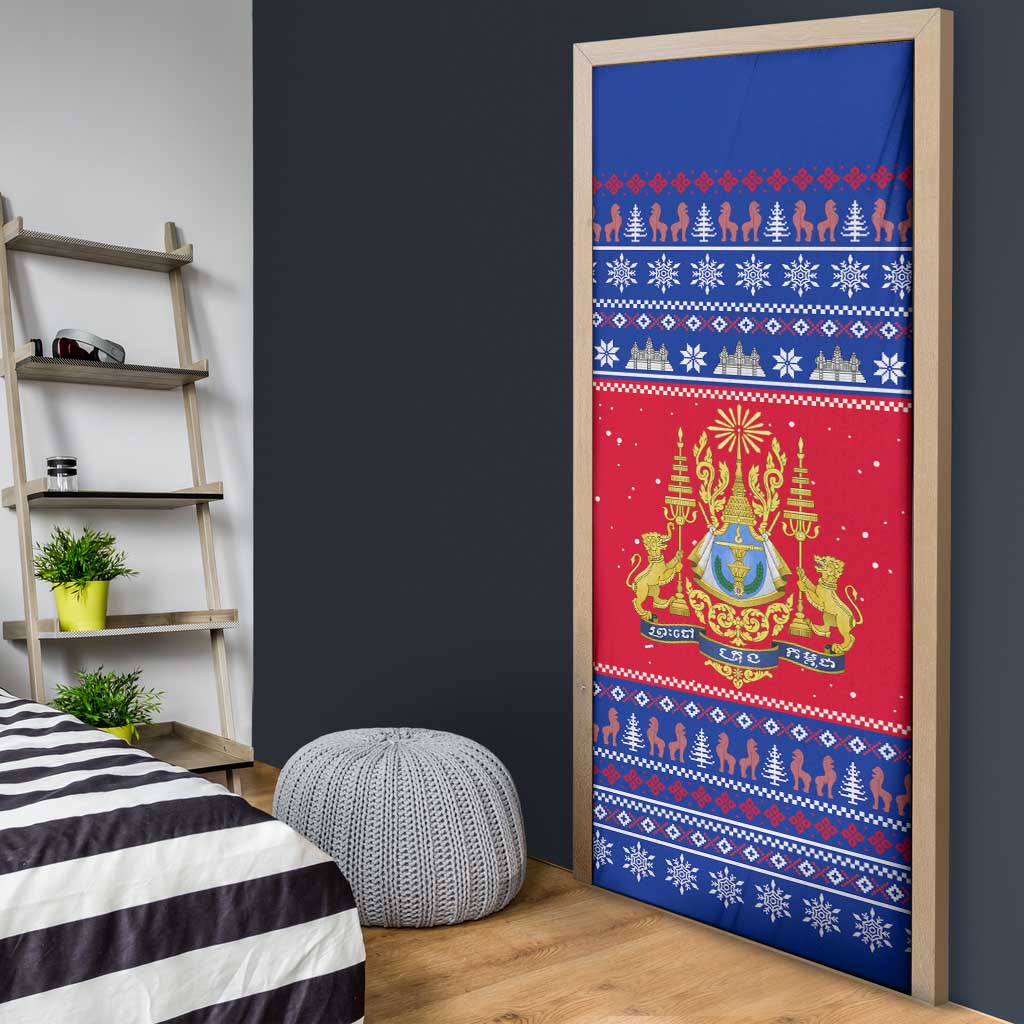 Cambodia Christmas Door Cover with Buffalo Children Holiday Tree Snowflakes and Khmer Pattern Design - Wonder Print Shop