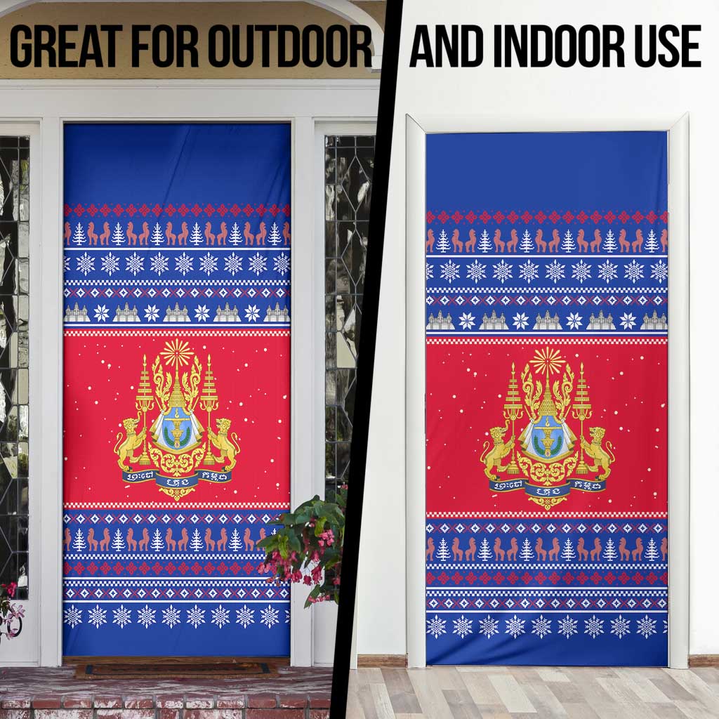 Cambodia Christmas Door Cover with Buffalo Children Holiday Tree Snowflakes and Khmer Pattern Design - Wonder Print Shop