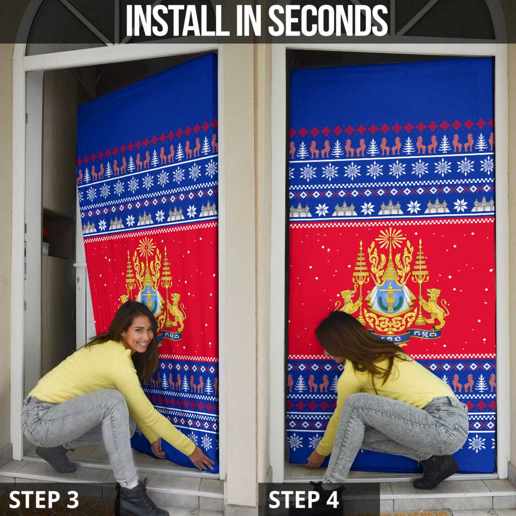 Cambodia Christmas Door Cover with Buffalo Children Holiday Tree Snowflakes and Khmer Pattern Design - Wonder Print Shop