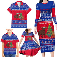 Cambodia Christmas Family Matching Long Sleeve Bodycon Dress and Hawaiian Shirt with Buffalo Children Holiday Tree Snowflakes and Khmer Pattern Design - Wonder Print Shop