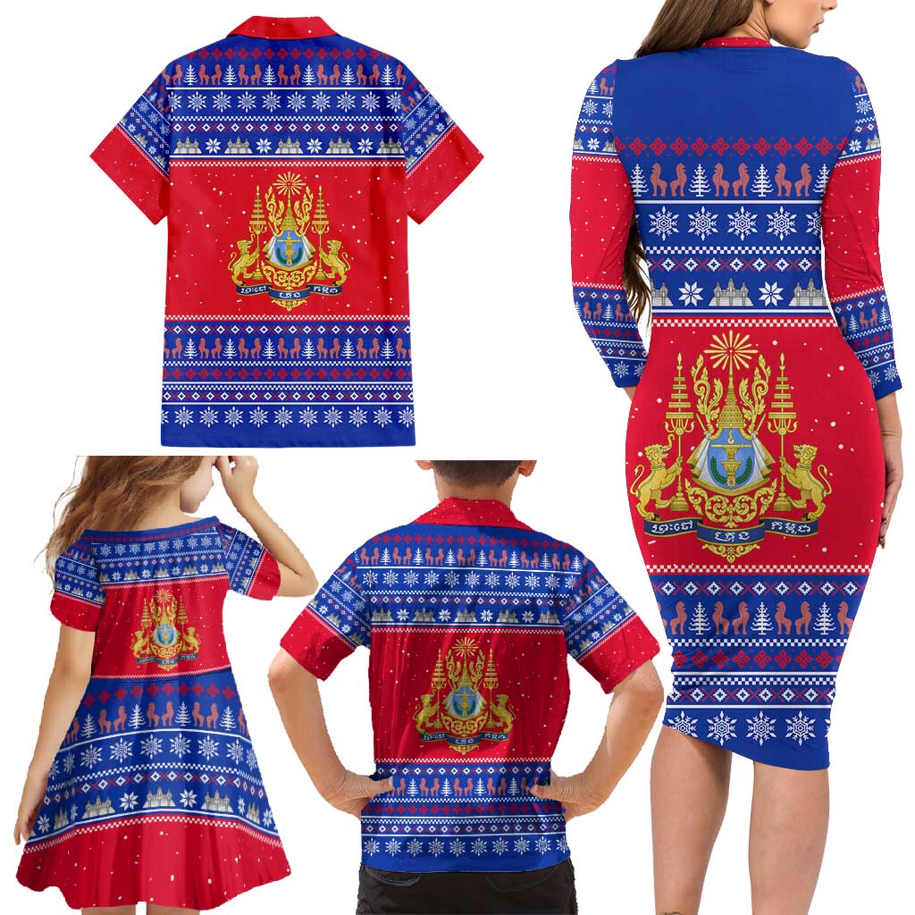 Cambodia Christmas Family Matching Long Sleeve Bodycon Dress and Hawaiian Shirt with Buffalo Children Holiday Tree Snowflakes and Khmer Pattern Design - Wonder Print Shop