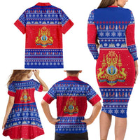 Cambodia Christmas Family Matching Long Sleeve Bodycon Dress and Hawaiian Shirt with Buffalo Children Holiday Tree Snowflakes and Khmer Pattern Design - Wonder Print Shop
