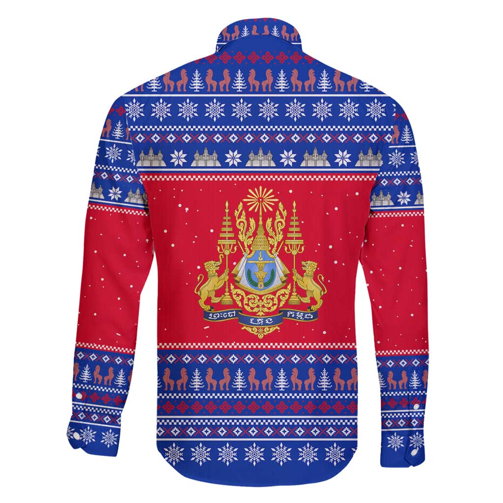 Cambodia Christmas Family Matching Long Sleeve Bodycon Dress and Hawaiian Shirt with Buffalo Children Holiday Tree Snowflakes and Khmer Pattern Design - Wonder Print Shop