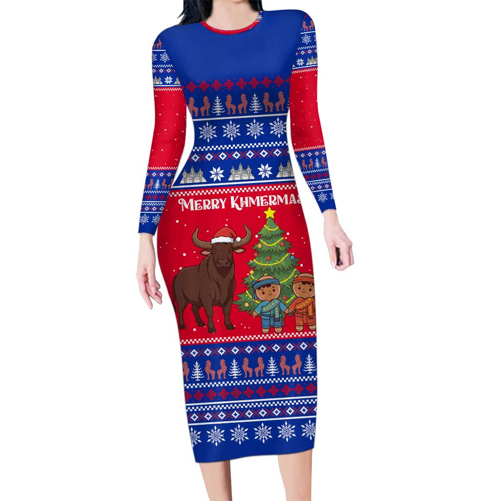 Cambodia Christmas Family Matching Long Sleeve Bodycon Dress and Hawaiian Shirt with Buffalo Children Holiday Tree Snowflakes and Khmer Pattern Design - Wonder Print Shop