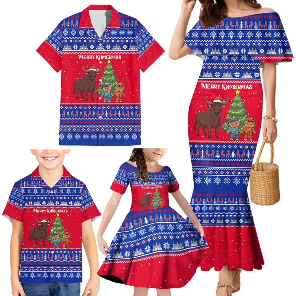 Cambodia Christmas Family Matching Mermaid Dress and Hawaiian Shirt with Buffalo Children Holiday Tree Snowflakes and Khmer Pattern Design - Wonder Print Shop