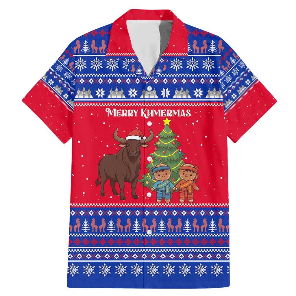 Cambodia Christmas Family Matching Mermaid Dress and Hawaiian Shirt with Buffalo Children Holiday Tree Snowflakes and Khmer Pattern Design - Wonder Print Shop