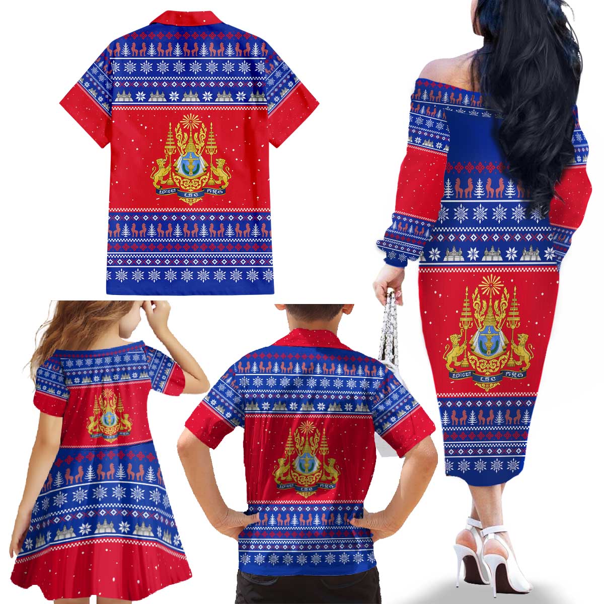 Cambodia Christmas Family Matching Off The Shoulder Long Sleeve Dress and Hawaiian Shirt with Buffalo Children Holiday Tree Snowflakes and Khmer Pattern Design - Wonder Print Shop