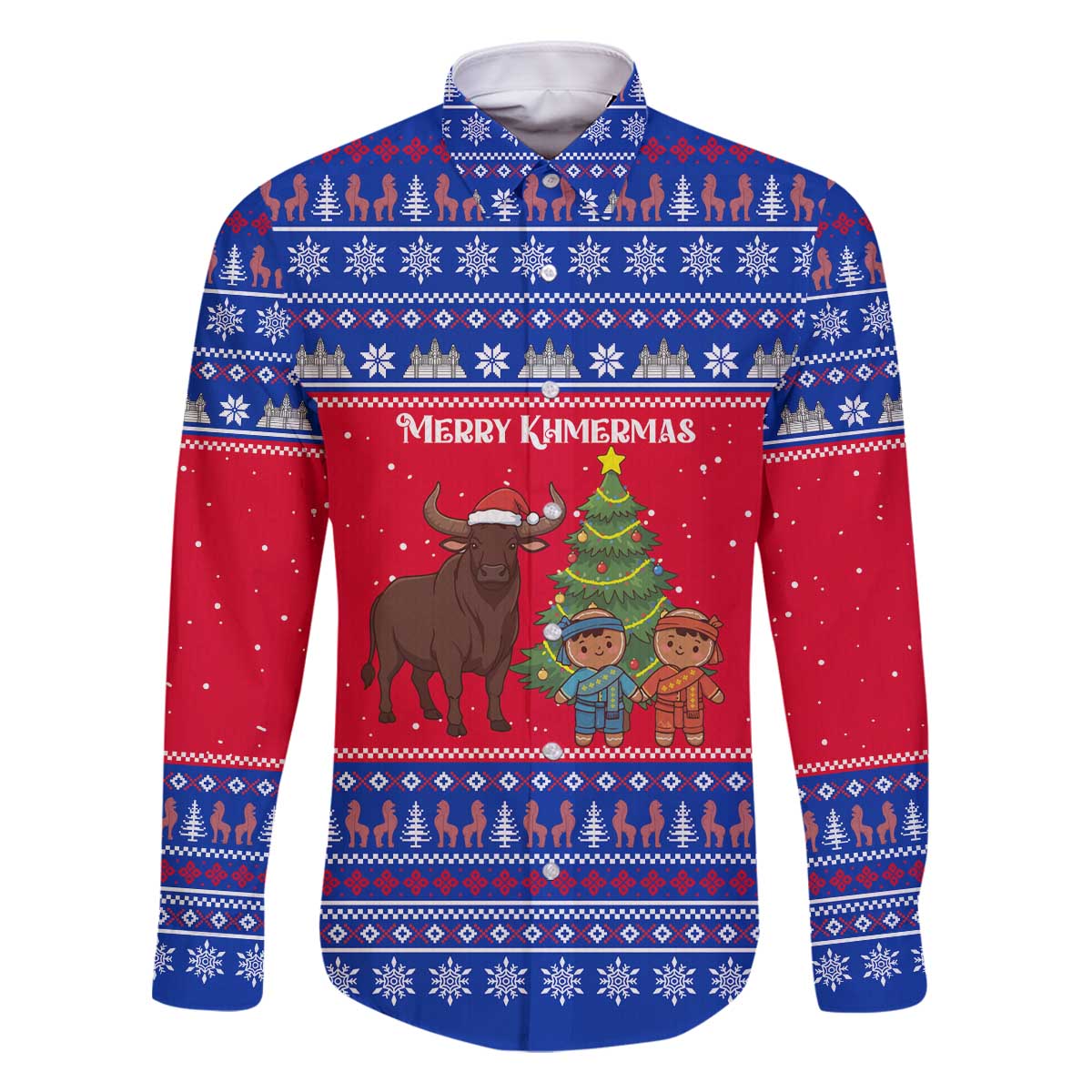 Cambodia Christmas Family Matching Off The Shoulder Long Sleeve Dress and Hawaiian Shirt with Buffalo Children Holiday Tree Snowflakes and Khmer Pattern Design - Wonder Print Shop