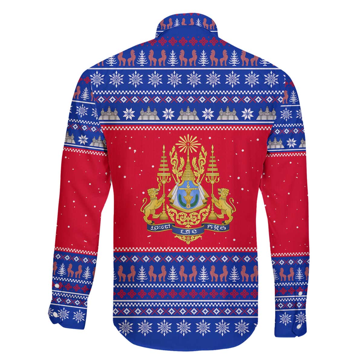 Cambodia Christmas Family Matching Off The Shoulder Long Sleeve Dress and Hawaiian Shirt with Buffalo Children Holiday Tree Snowflakes and Khmer Pattern Design - Wonder Print Shop