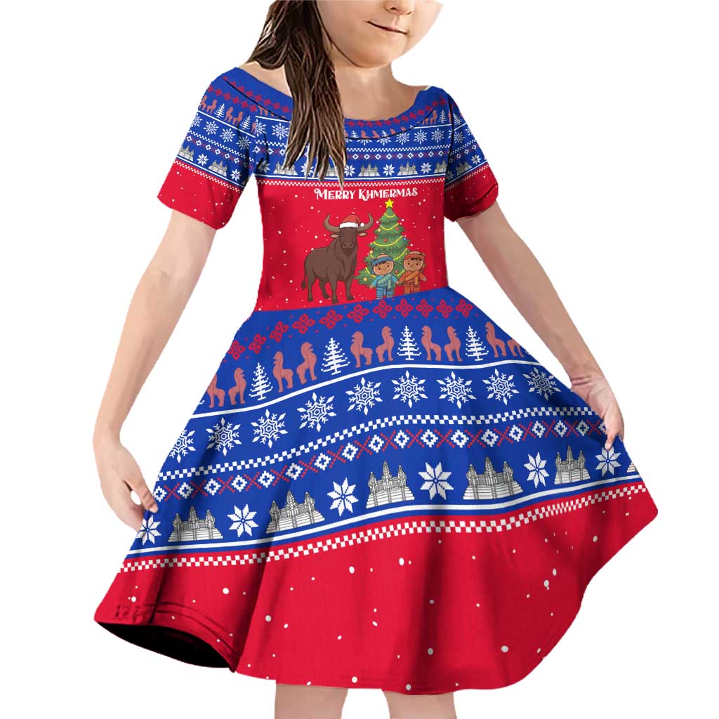 Cambodia Christmas Family Matching Off Shoulder Short Dress and Hawaiian Shirt with Buffalo Children Holiday Tree Snowflakes and Khmer Pattern Design - Wonder Print Shop