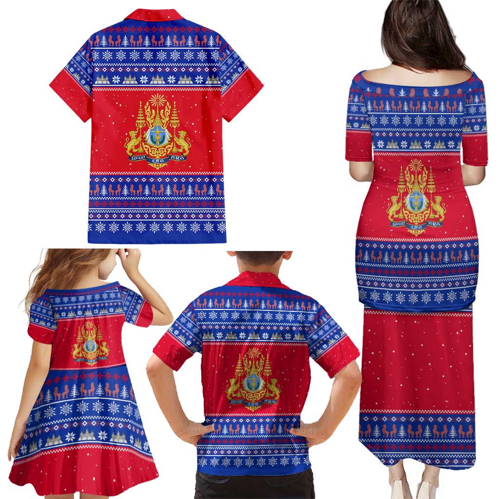 Cambodia Christmas Family Matching Puletasi and Hawaiian Shirt with Buffalo Children Holiday Tree Snowflakes and Khmer Pattern Design - Wonder Print Shop