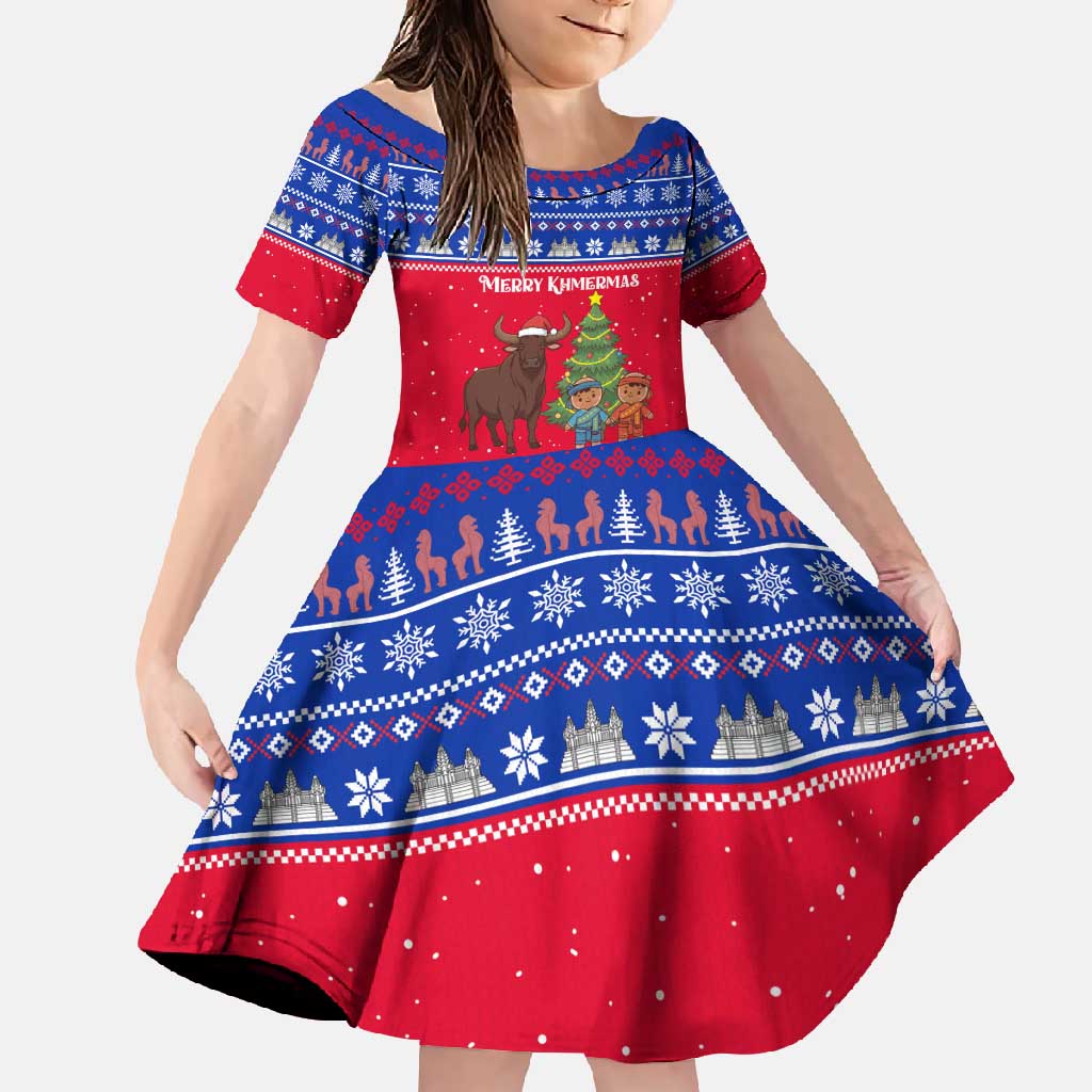 Cambodia Christmas Family Matching Short Sleeve Bodycon Dress and Hawaiian Shirt with Buffalo Children Holiday Tree Snowflakes and Khmer Pattern Design - Wonder Print Shop
