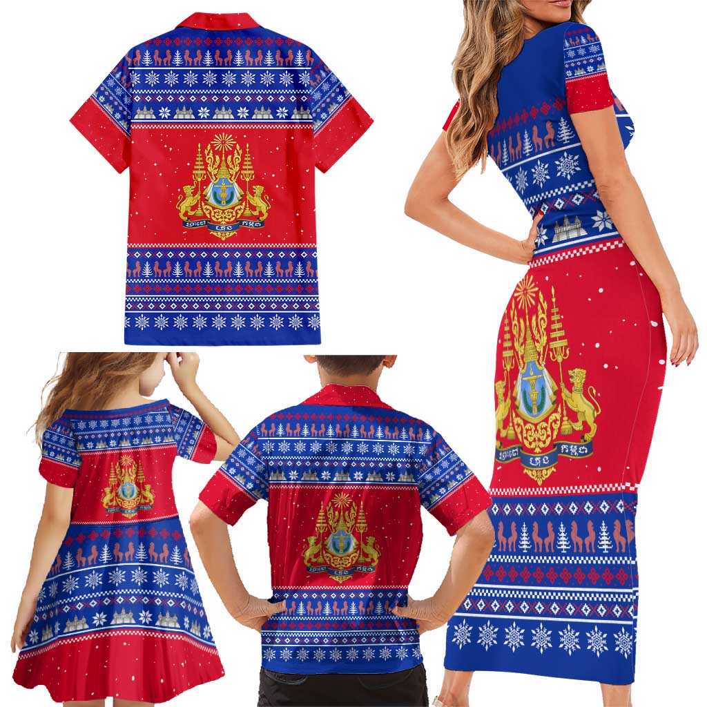 Cambodia Christmas Family Matching Short Sleeve Bodycon Dress and Hawaiian Shirt with Buffalo Children Holiday Tree Snowflakes and Khmer Pattern Design - Wonder Print Shop