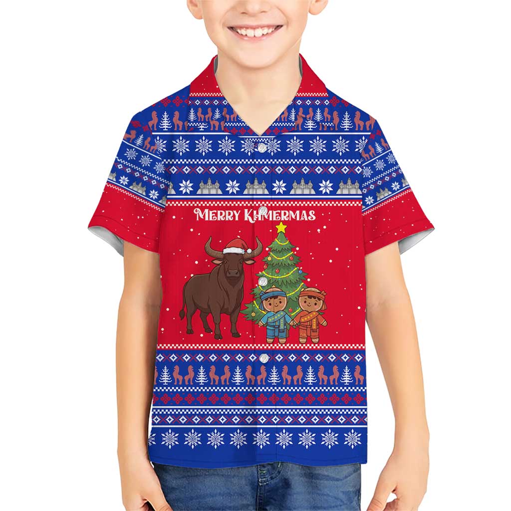 Cambodia Christmas Family Matching Short Sleeve Bodycon Dress and Hawaiian Shirt with Buffalo Children Holiday Tree Snowflakes and Khmer Pattern Design - Wonder Print Shop