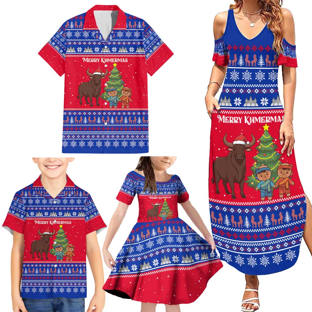Cambodia Christmas Family Matching Summer Maxi Dress and Hawaiian Shirt with Buffalo Children Holiday Tree Snowflakes and Khmer Pattern Design - Wonder Print Shop