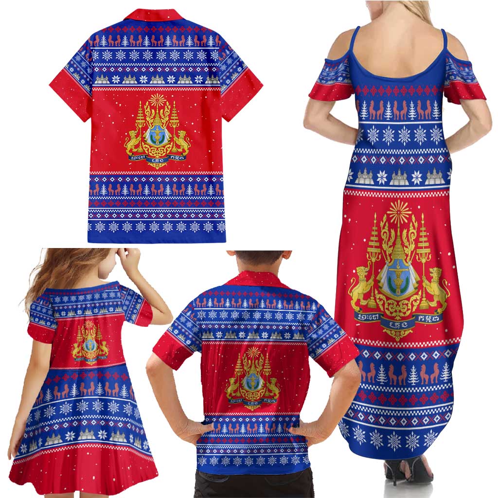 Cambodia Christmas Family Matching Summer Maxi Dress and Hawaiian Shirt with Buffalo Children Holiday Tree Snowflakes and Khmer Pattern Design - Wonder Print Shop