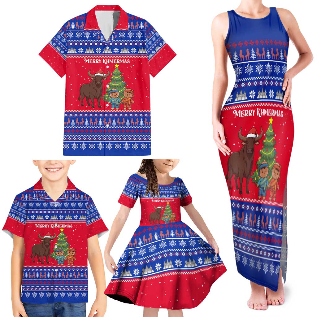 Cambodia Christmas Family Matching Tank Maxi Dress and Hawaiian Shirt with Buffalo Children Holiday Tree Snowflakes and Khmer Pattern Design - Wonder Print Shop