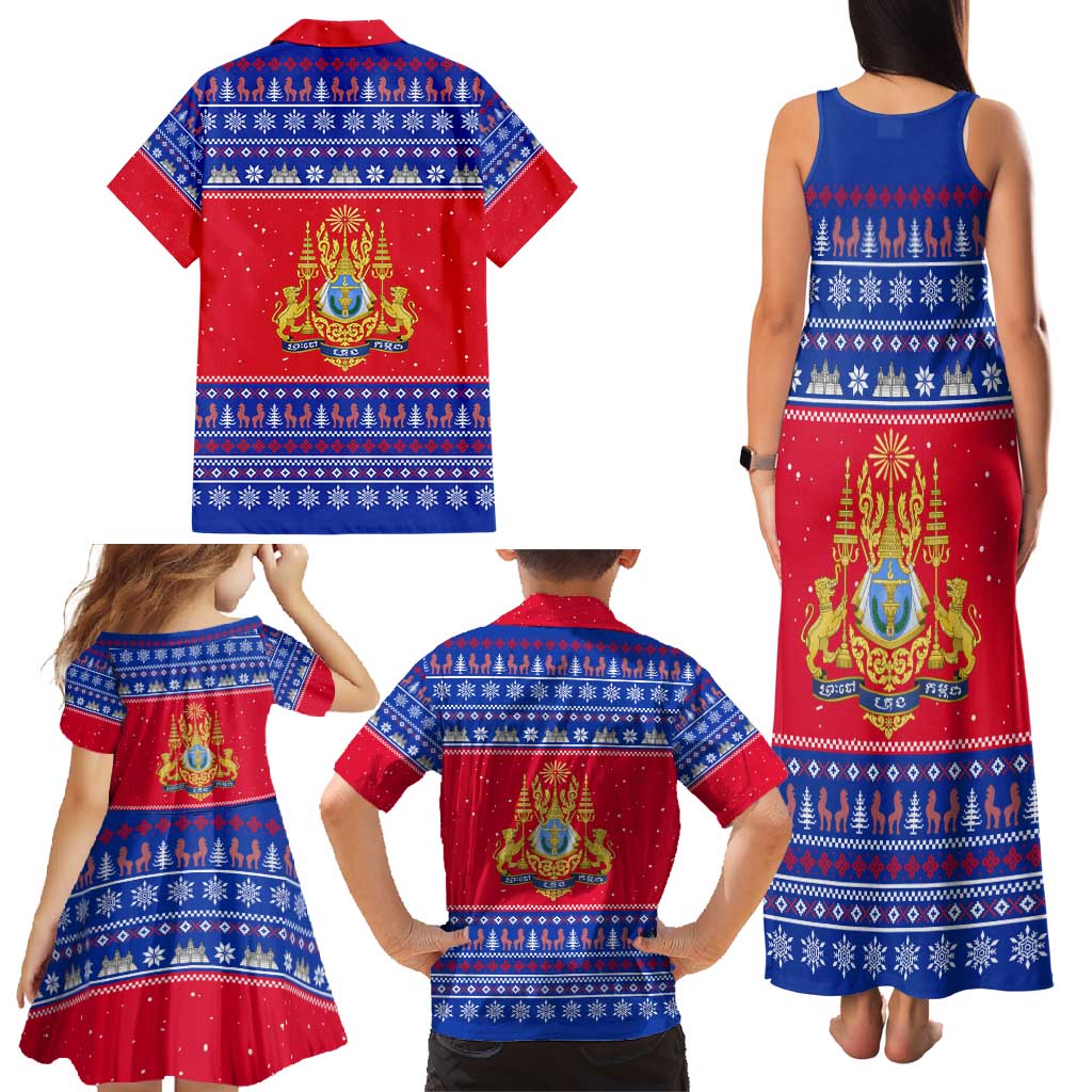 Cambodia Christmas Family Matching Tank Maxi Dress and Hawaiian Shirt with Buffalo Children Holiday Tree Snowflakes and Khmer Pattern Design - Wonder Print Shop