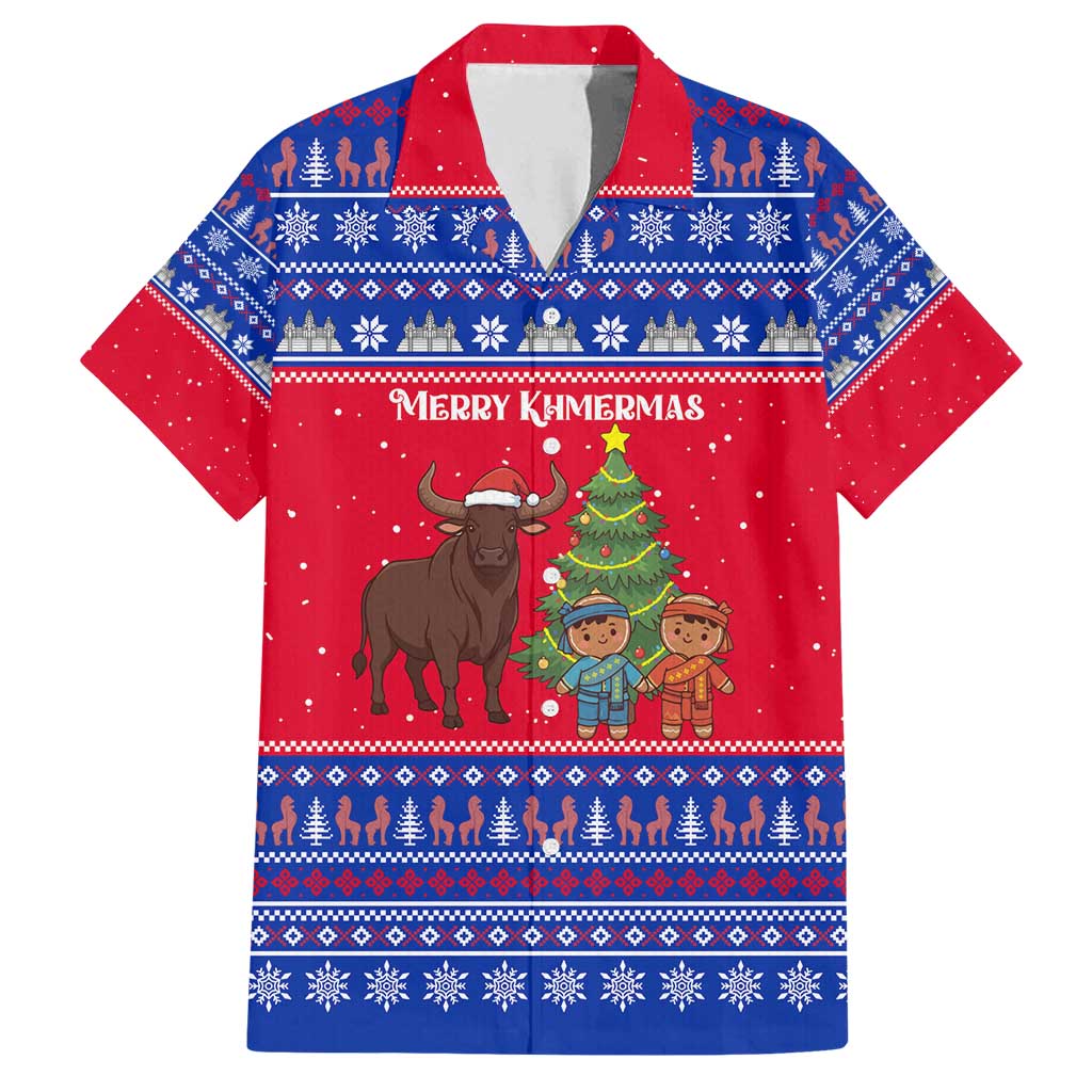 Cambodia Christmas Family Matching Tank Maxi Dress and Hawaiian Shirt with Buffalo Children Holiday Tree Snowflakes and Khmer Pattern Design - Wonder Print Shop