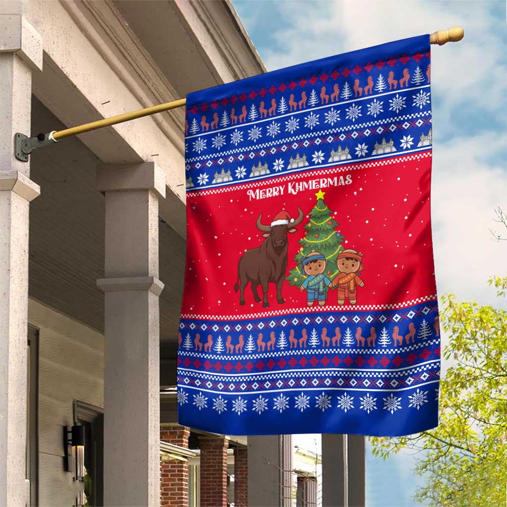 Cambodia Christmas Garden Flag with Buffalo Children Holiday Tree Snowflakes and Khmer Pattern Design - Wonder Print Shop