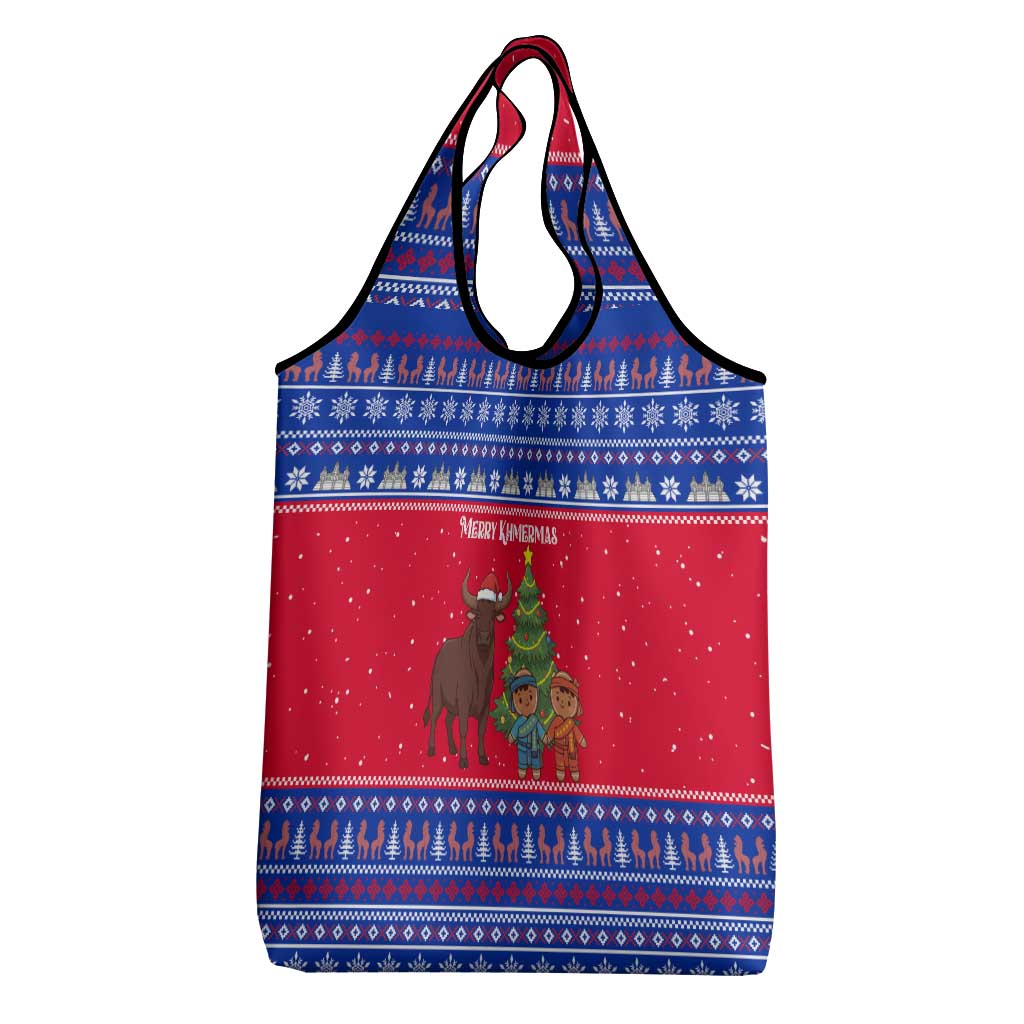 Cambodia Christmas Grocery Bag with Buffalo Children Holiday Tree Snowflakes and Khmer Pattern Design - Wonder Print Shop