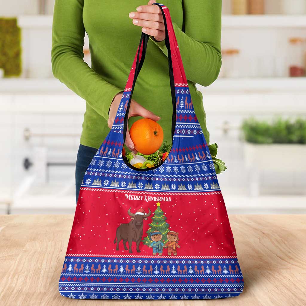 Cambodia Christmas Grocery Bag with Buffalo Children Holiday Tree Snowflakes and Khmer Pattern Design - Wonder Print Shop