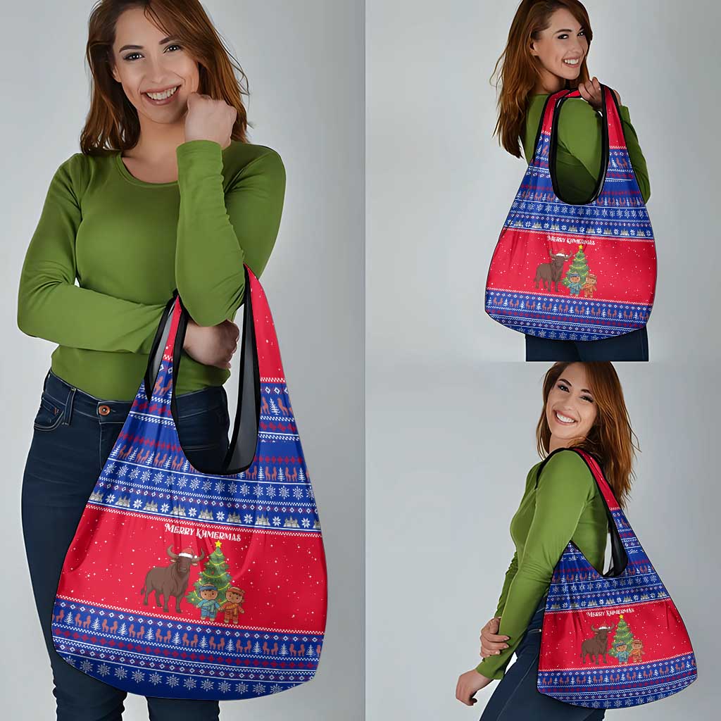 Cambodia Christmas Grocery Bag with Buffalo Children Holiday Tree Snowflakes and Khmer Pattern Design - Wonder Print Shop