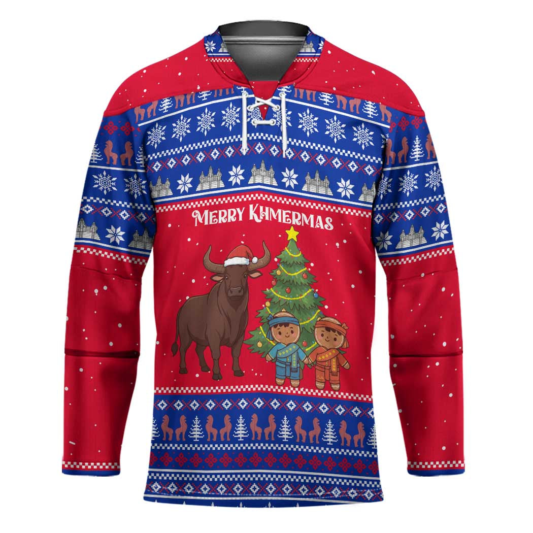 Cambodia Christmas Hockey Jersey with Buffalo Children Holiday Tree Snowflakes and Khmer Pattern Design - Wonder Print Shop