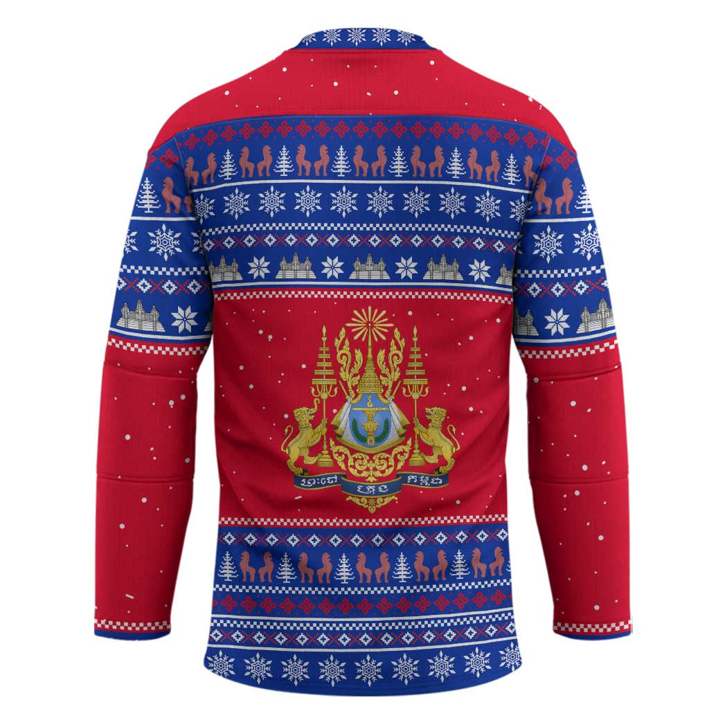 Cambodia Christmas Hockey Jersey with Buffalo Children Holiday Tree Snowflakes and Khmer Pattern Design - Wonder Print Shop