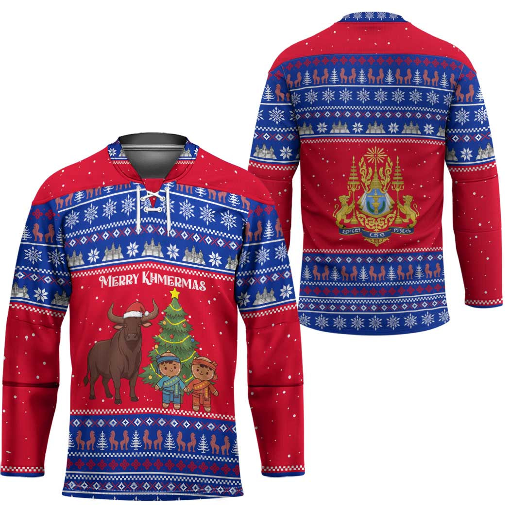 Cambodia Christmas Hockey Jersey with Buffalo Children Holiday Tree Snowflakes and Khmer Pattern Design - Wonder Print Shop