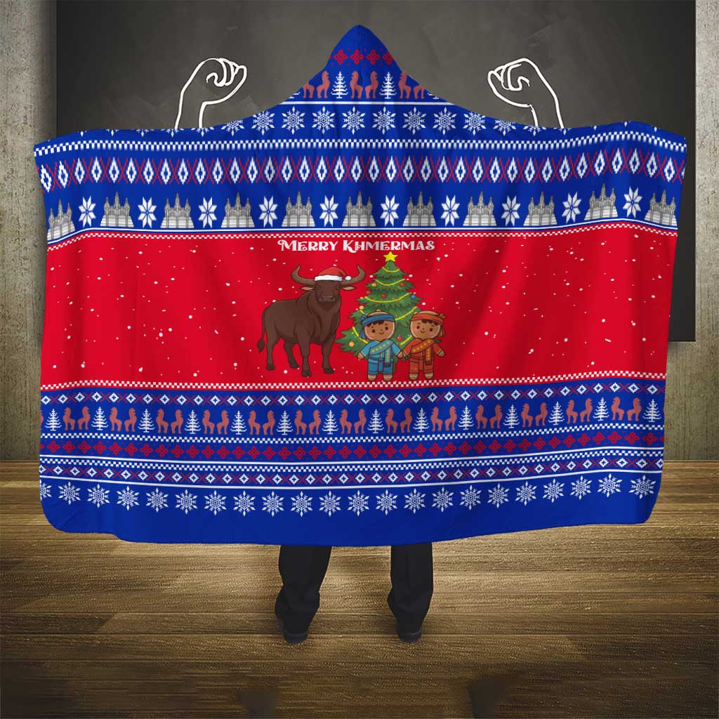 Cambodia Christmas Hooded Blanket with Buffalo Children Holiday Tree Snowflakes and Khmer Pattern Design - Wonder Print Shop
