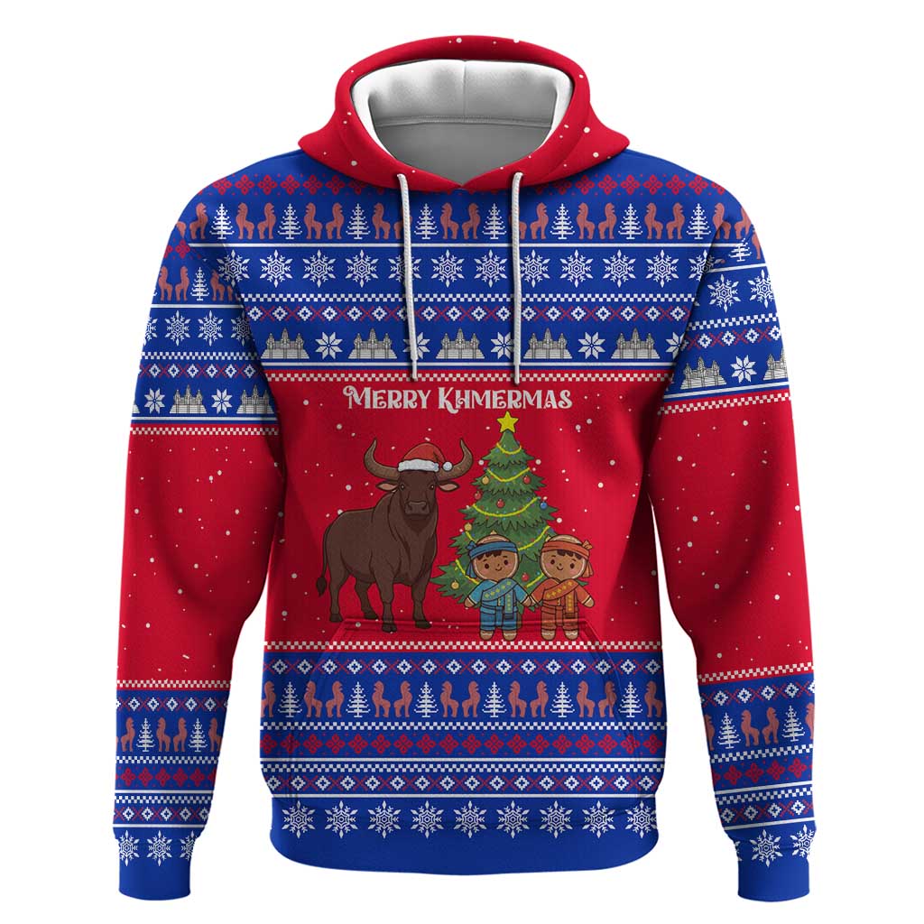 Cambodia Christmas Hoodie with Buffalo Children Holiday Tree Snowflakes and Khmer Pattern Design - Wonder Print Shop
