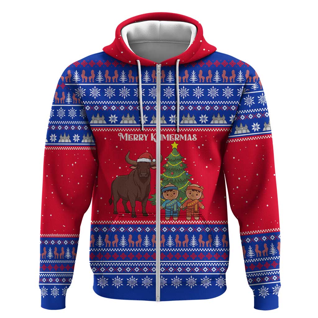 Cambodia Christmas Hoodie with Buffalo Children Holiday Tree Snowflakes and Khmer Pattern Design - Wonder Print Shop